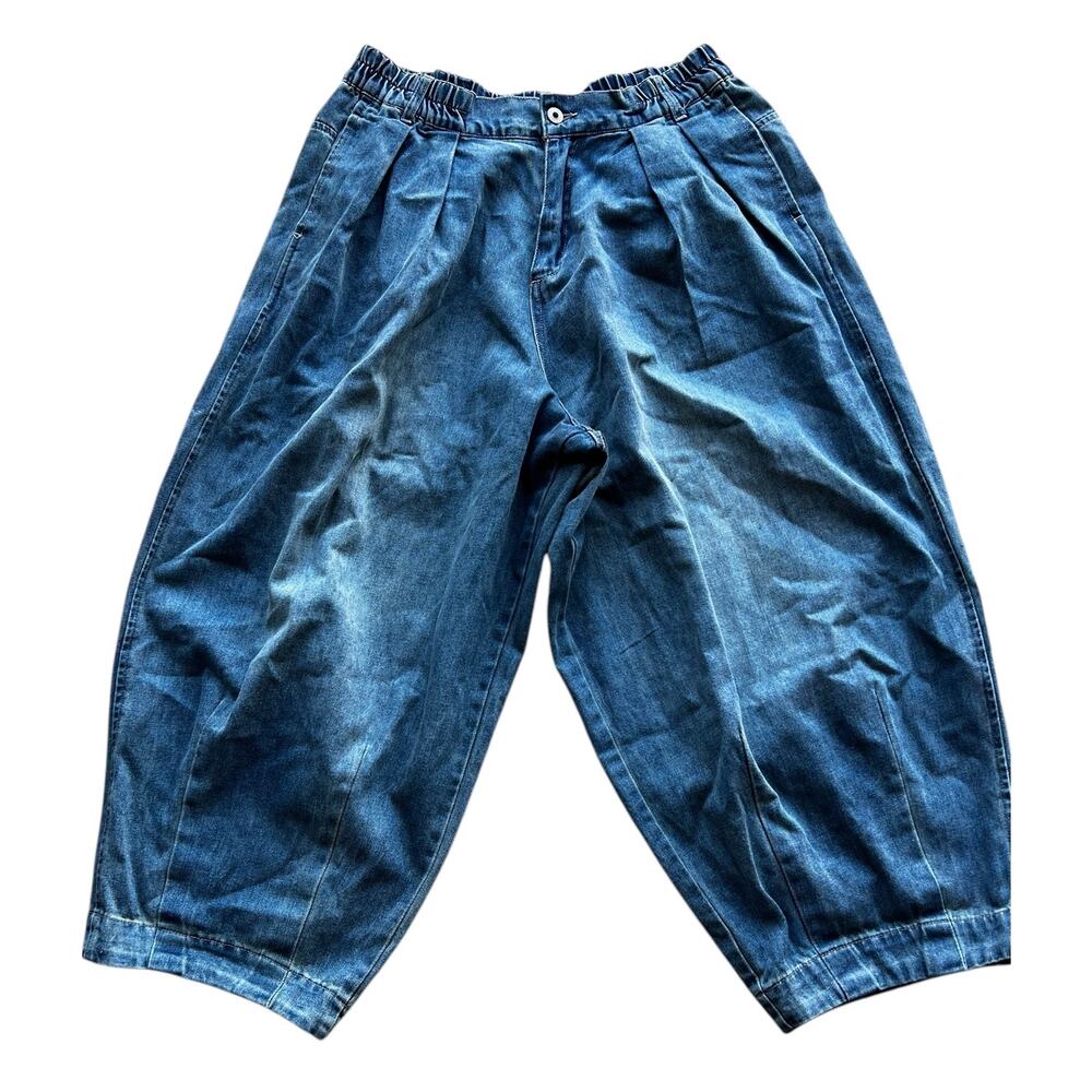 Garage Barrel Balloon Denim Blue Jeans Light distressing pleated hem Size 14